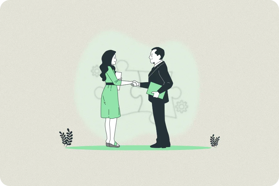 Businesswoman and businessman shaking hands, symbolizing emotional balance and business growth, MahaVastu Remedies.