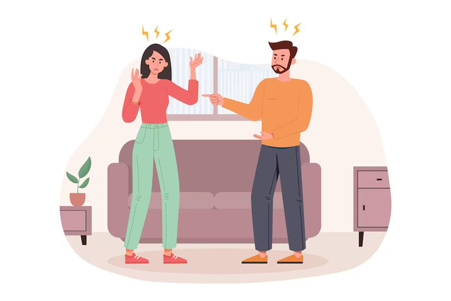 Illustration of a couple arguing in a living room, highlighting need for Vastu remedies for harmony.