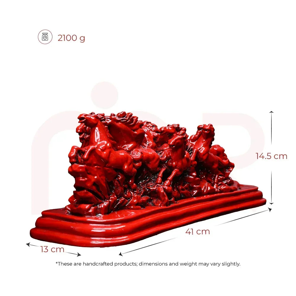 Red running horses resin figurine with dimensions, Vastu decorative remedy