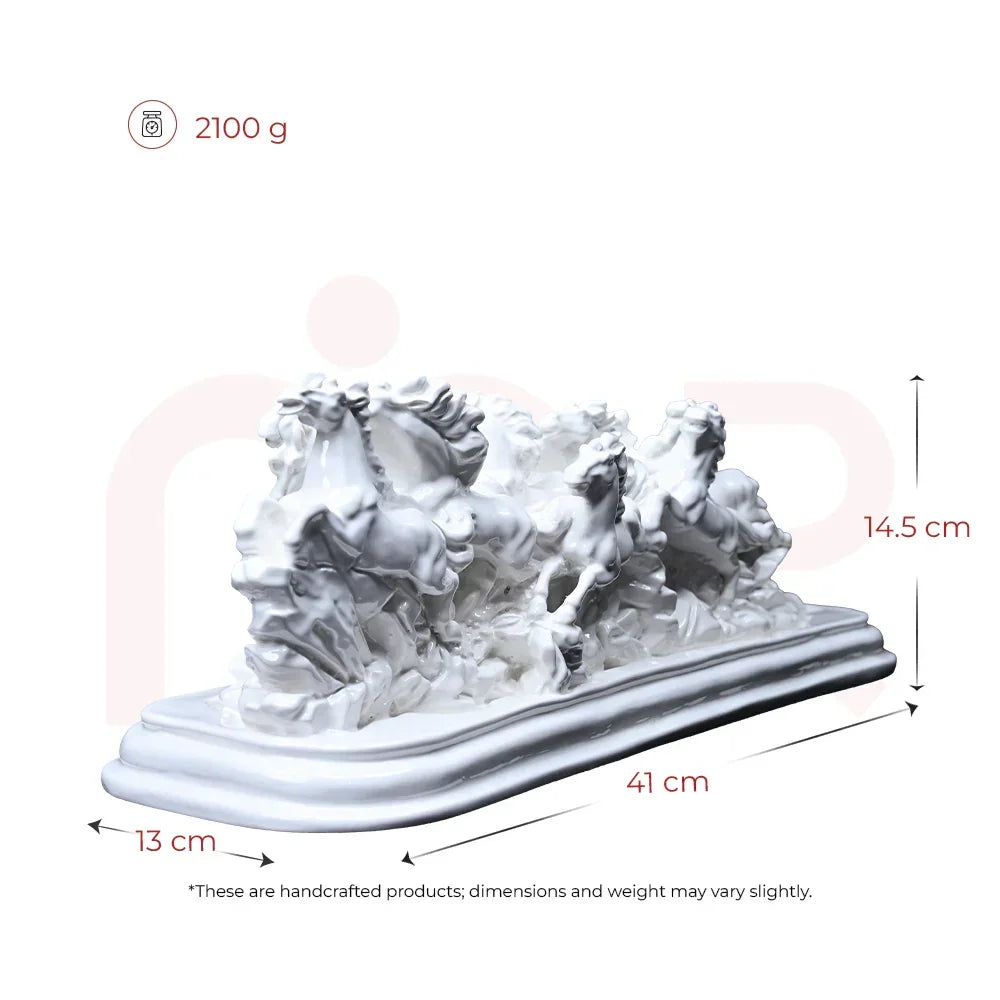 White handcrafted running horse sculpture, Vastu remedy decor, 41x13x14.5cm, 2100g