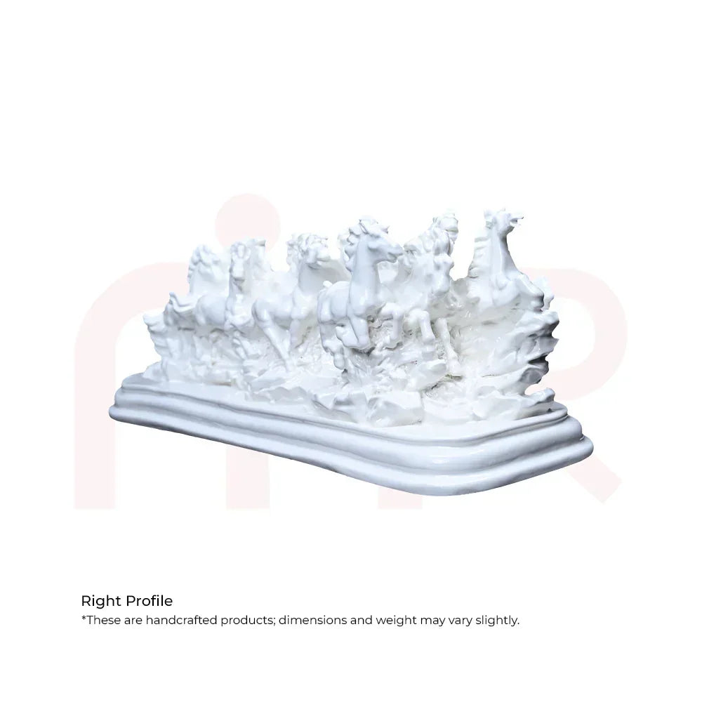 White handcrafted running horses statue on decorative base for Vastu and home decor