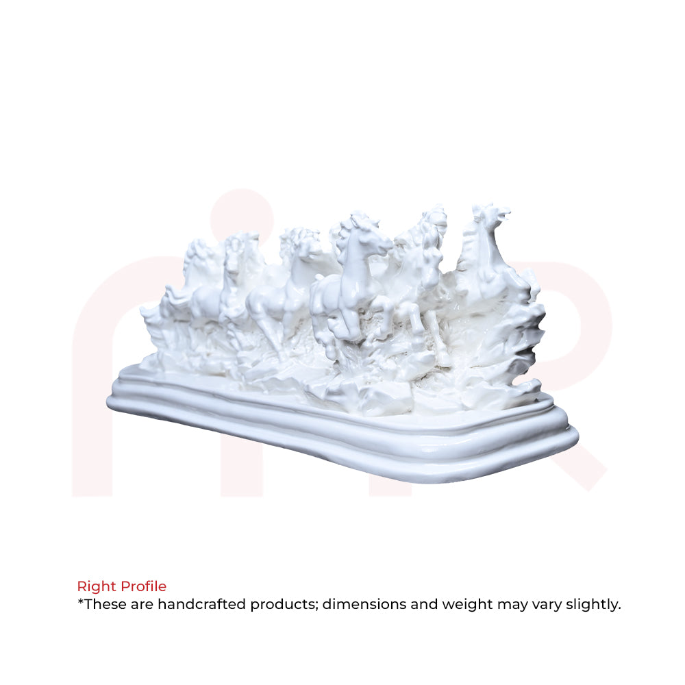 White handcrafted running horses statue on decorative base for Vastu and home decor