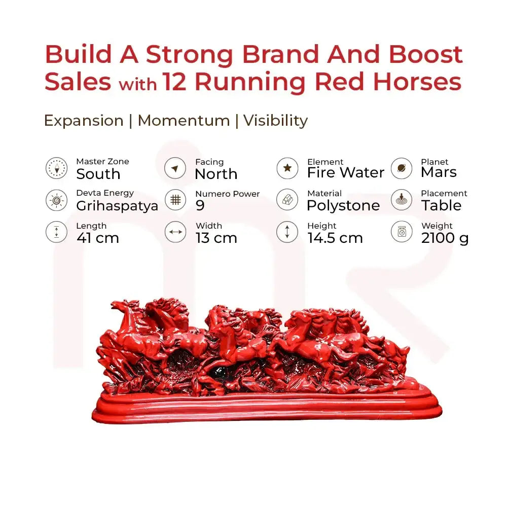 12 Running Red Horses Vastu Statue for Prosperity, South Facing, Polystone, 41cm
