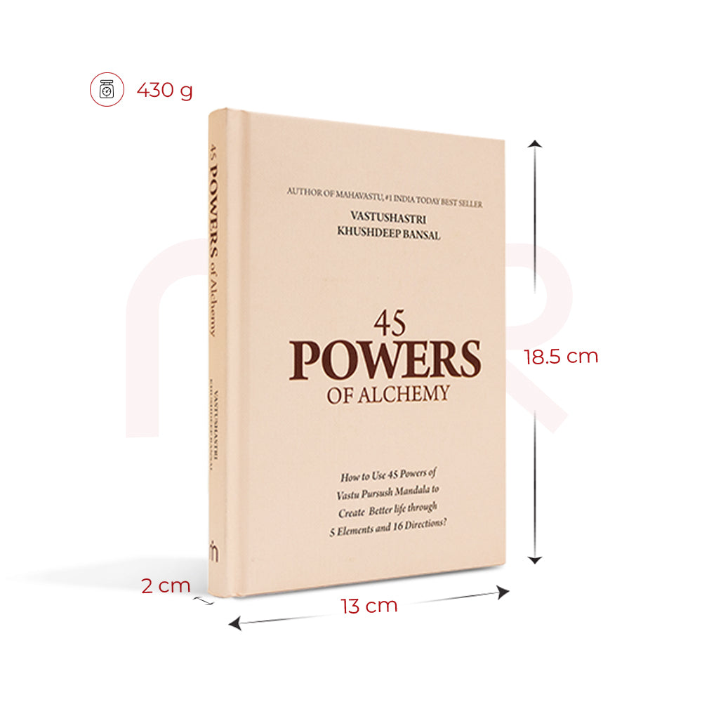 45 Powers of Alchemy book for Vastu remedies, beige hardcover, size and weight shown