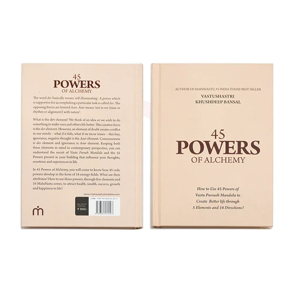 45 Powers of Alchemy book cover and back, Vastu Shastra remedy guide for health, success, prosperity