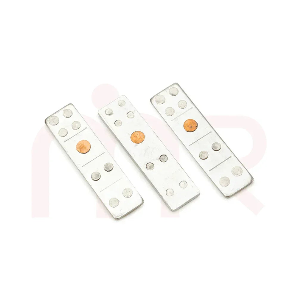 Three rectangular Vastu metal strips with copper center dots for Vastu Shastra remedies