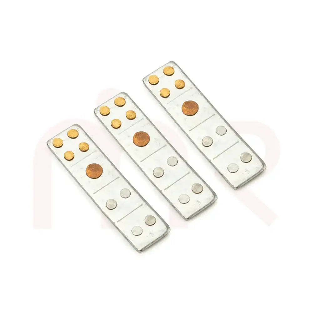 Set of three silver metal strips with copper studs for Vastu Shastra remedies.