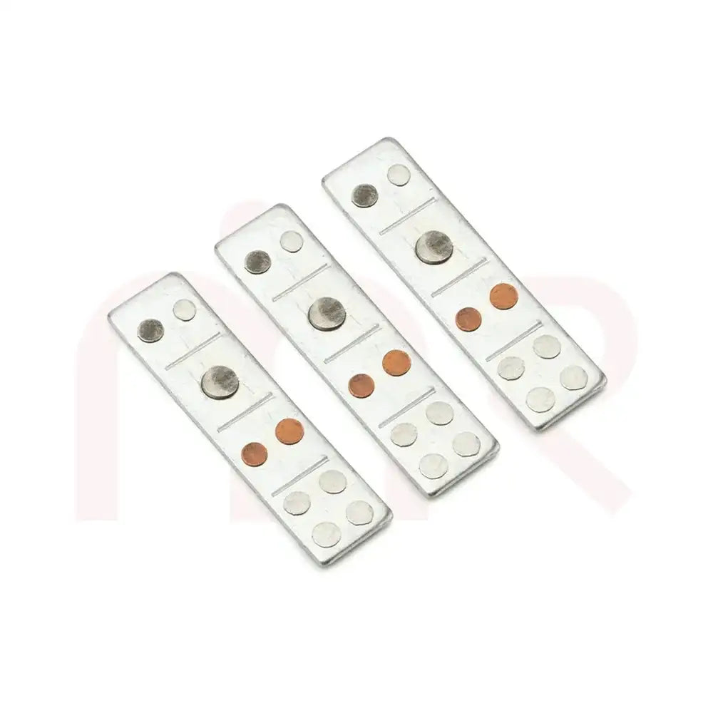 Set of three silver Vastu metal strips with copper and steel studs for energy balancing.