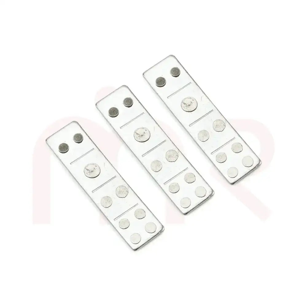 Three silver metal strips for Vastu Shastra remedies on a white background.