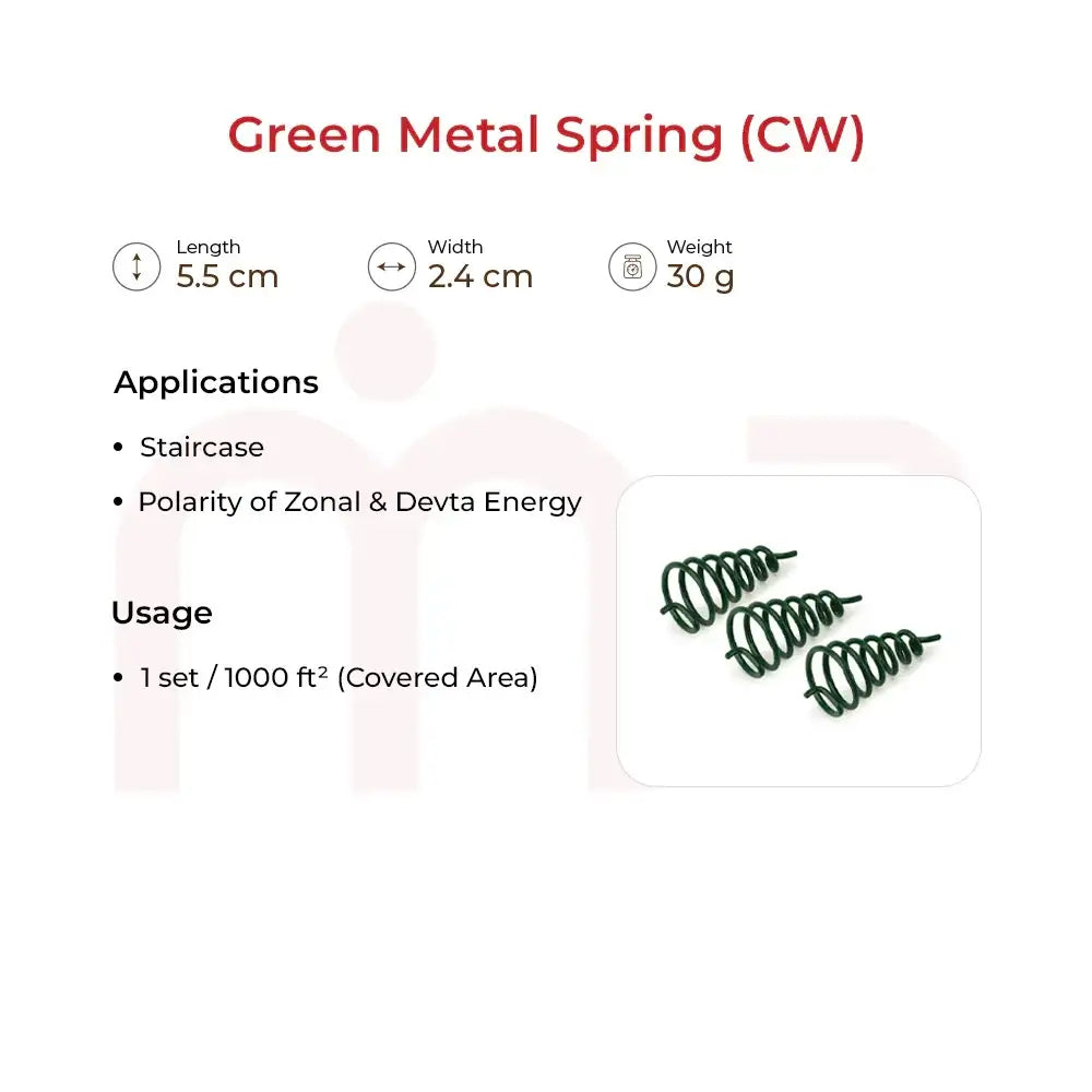 Green Metal Spring (CW) Vastu remedy with dimensions, weight, and application details.