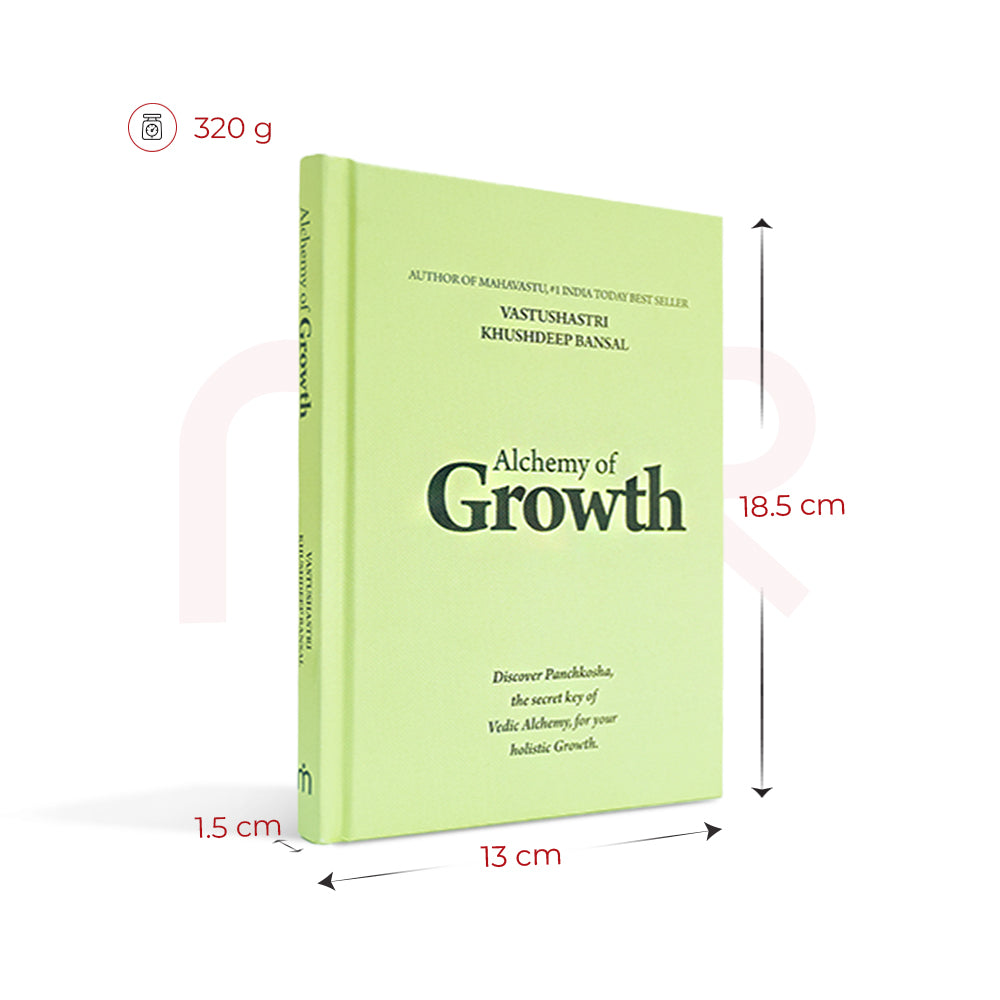 Alchemy of Growth Vastu book with dimensions 18.5x13x1.5 cm, weight 320g, green cover