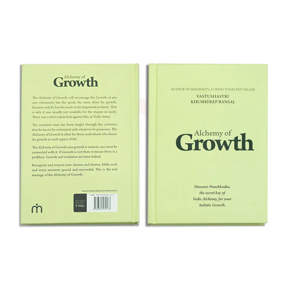 Alchemy of Growth book by VastuShastri Khushdeep Bansal front and back cover on white background.