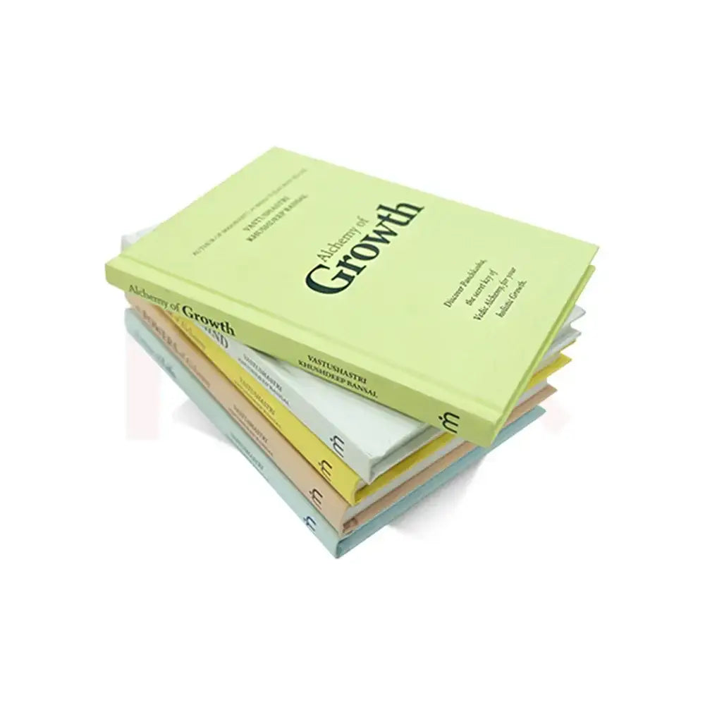 Stack of Alchemy of Growth books by VastuShastri Khushdeep Bansal for Vedic growth and prosperity.