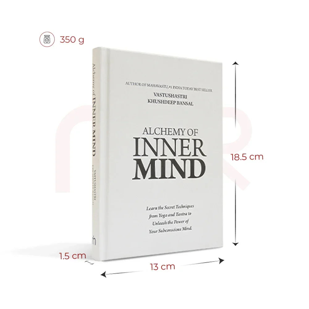 Alchemy of Inner Mind book standing upright with dimensions and weight, Vastu remedy guide