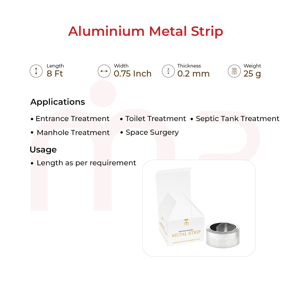 Aluminium MahaVastu strip for Vastu remedies, showing product specs and applications for entrance, toilet, septic tank, and manhole treatments.
