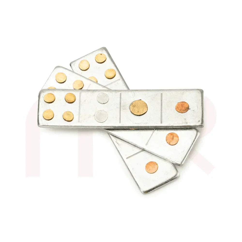 Set of metallic Vastu remedies plates with gold and silver dots on white background