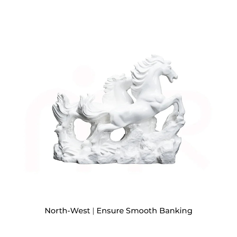 White running horse figurine MahaVastu remedy for smooth banking, North-West Vastu placement