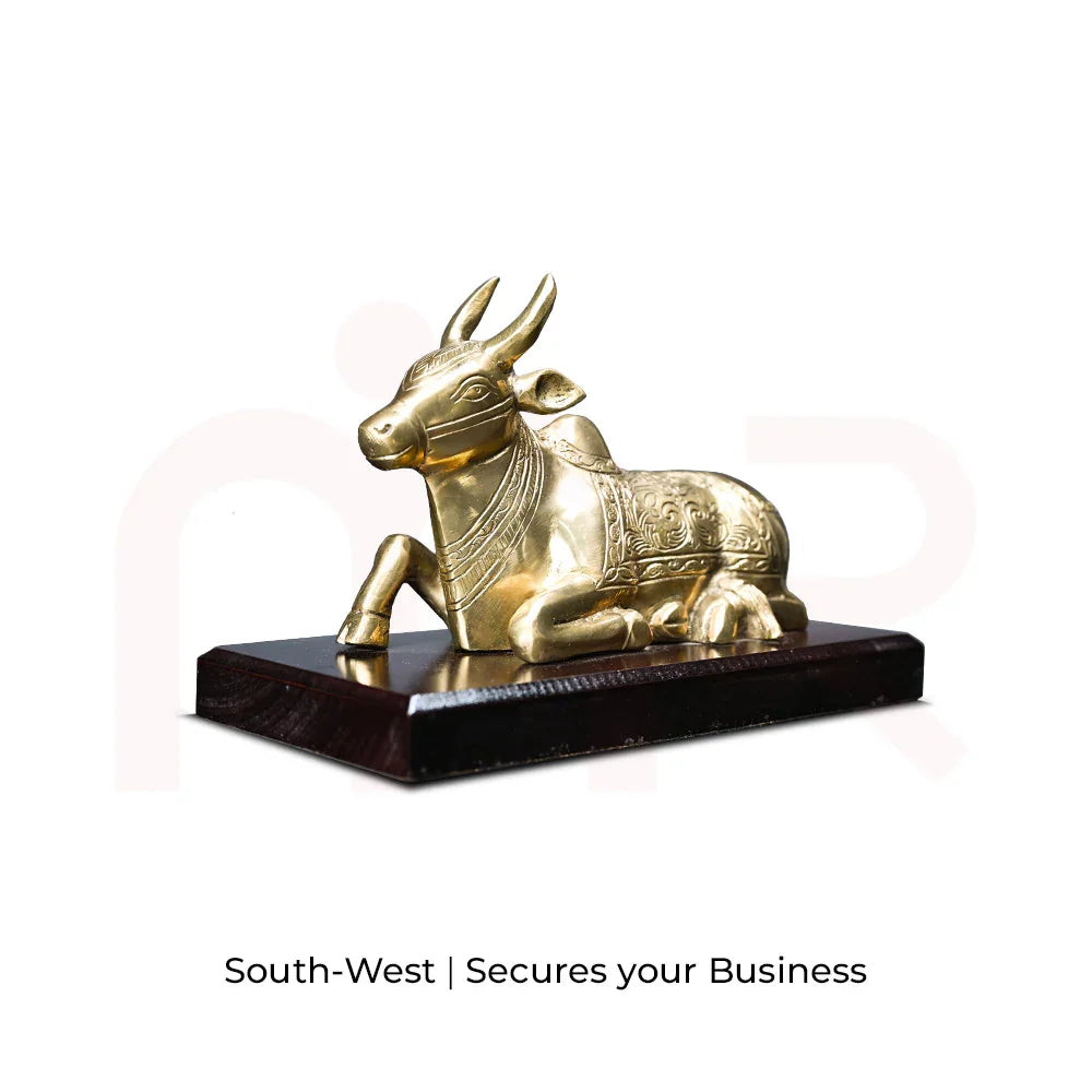 Brass Nandi bull idol on wooden base, MahaVastu remedy for South-West, secures business