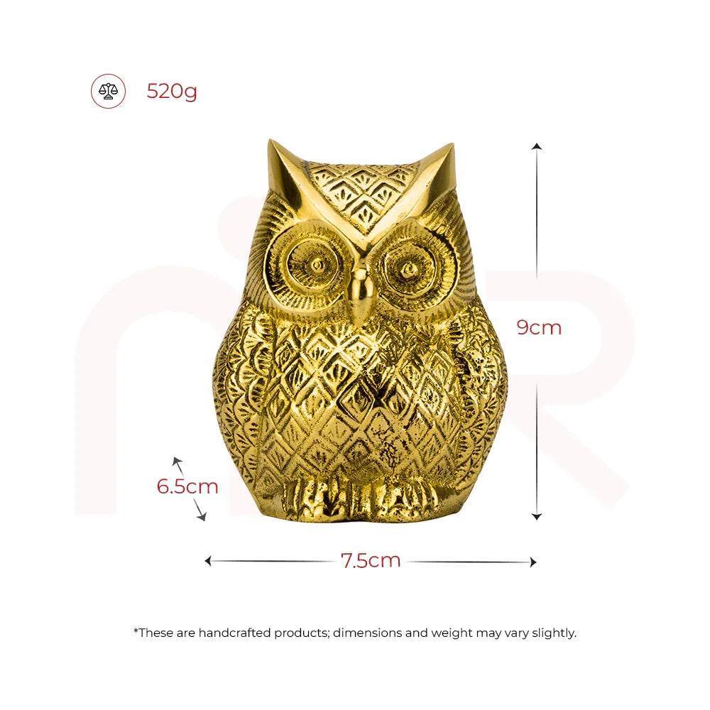 Handcrafted golden owl idol for MahaVastu remedies, 9cm tall, 7.5cm wide, 520g