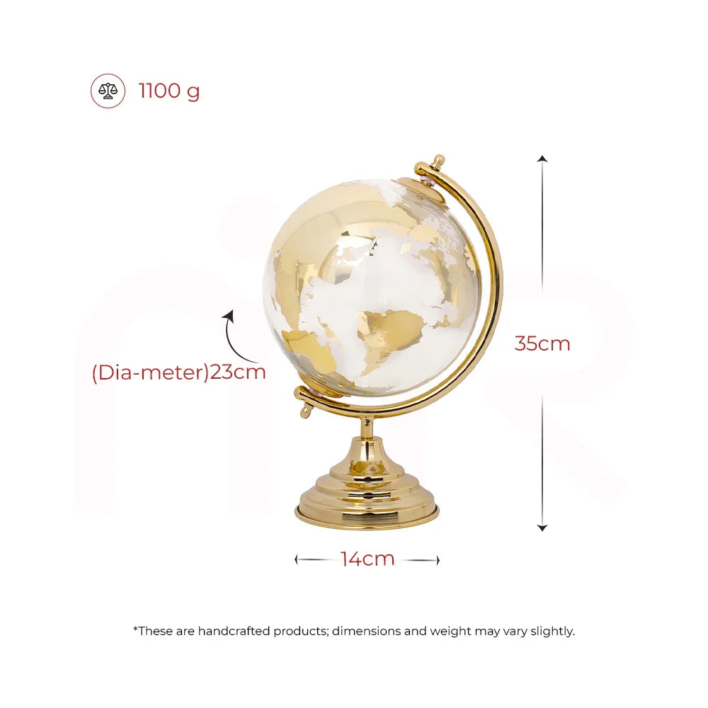 Gold and white decorative globe on stand, Vastu remedy, 35cm tall, 23cm diameter, 1100g weight