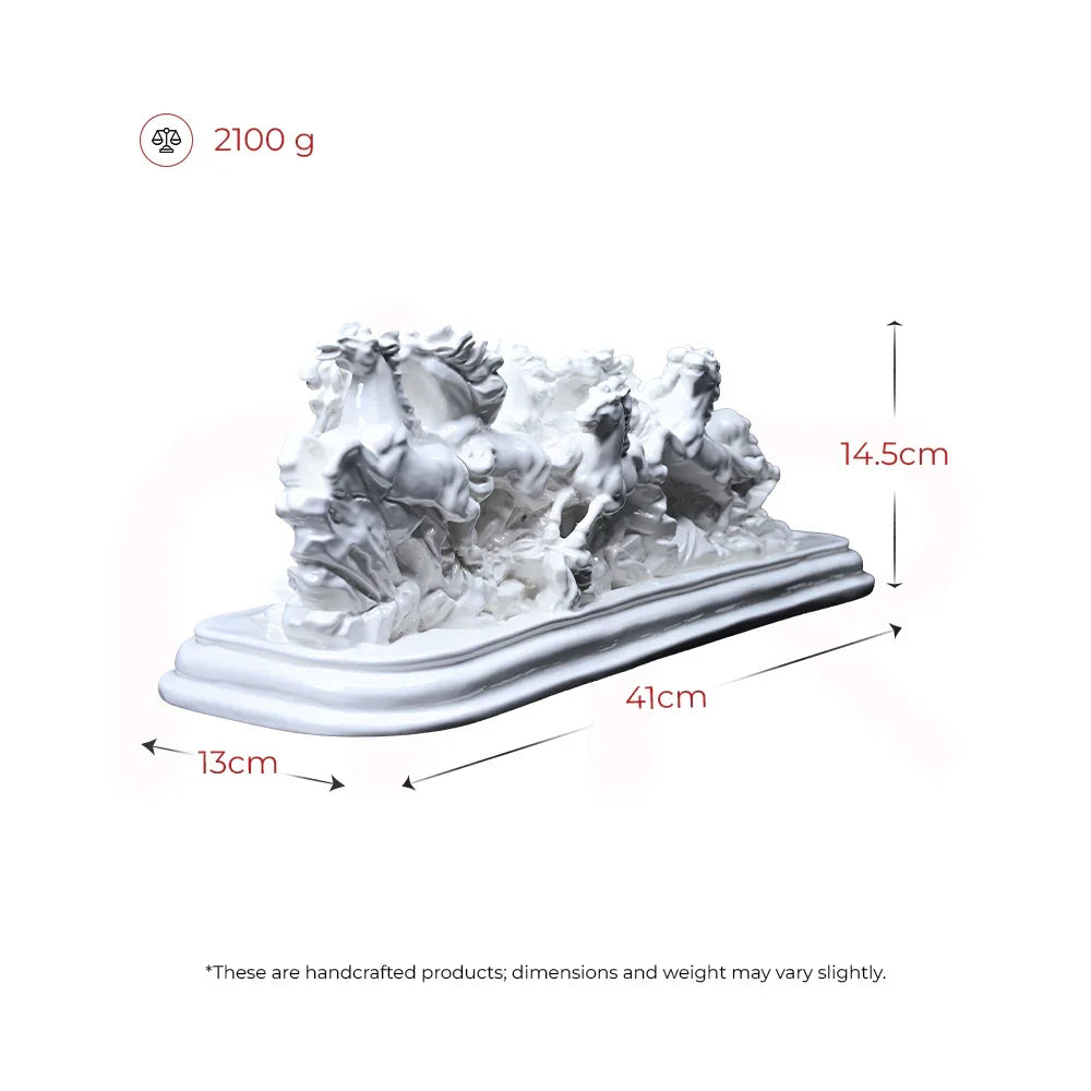 White handcrafted Vastu running horse sculpture, 41x13x14.5cm, for MahaVastu remedies