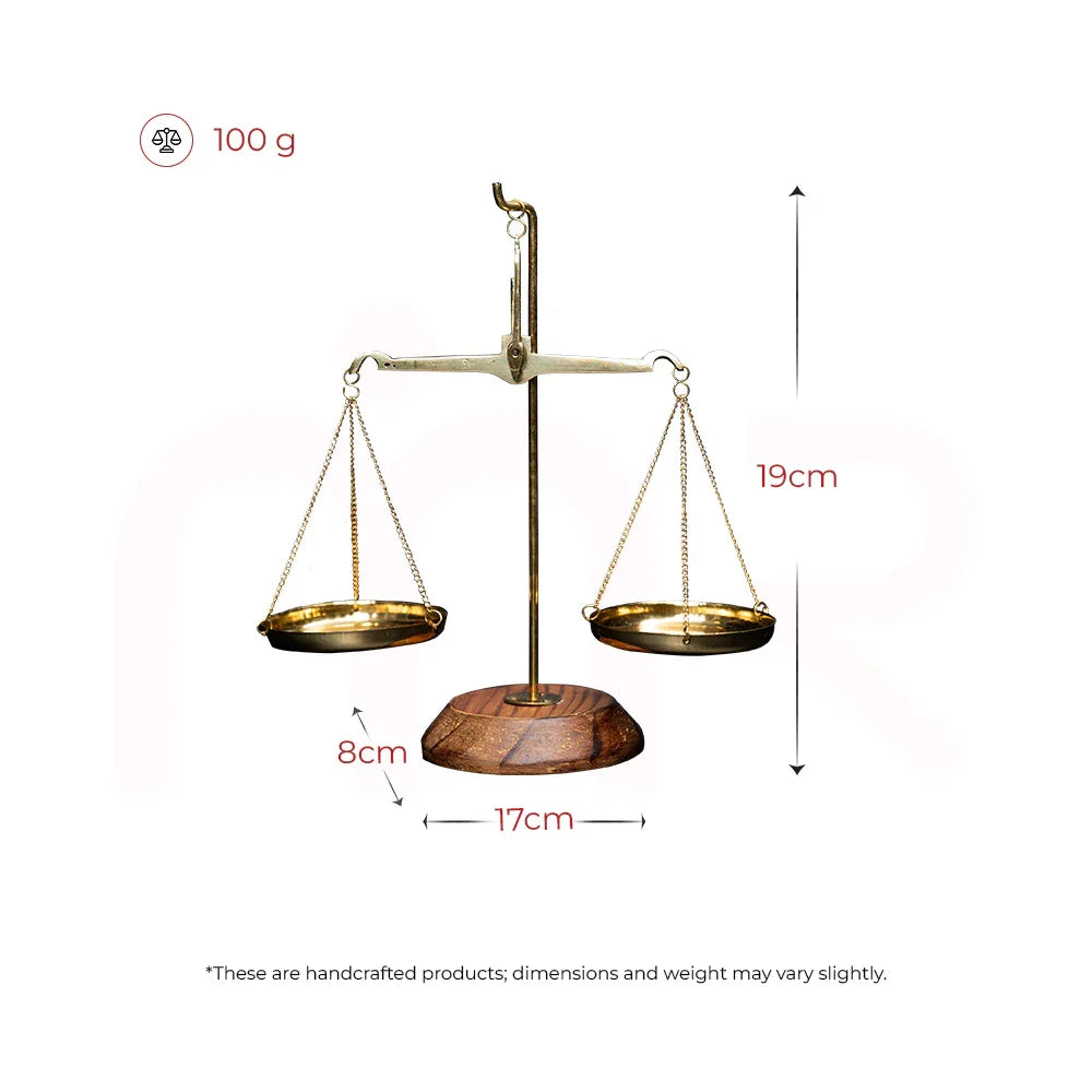 Brass balance scale with wooden base, 19cm tall, 17cm wide, 100g, MahaVastu remedy decor.