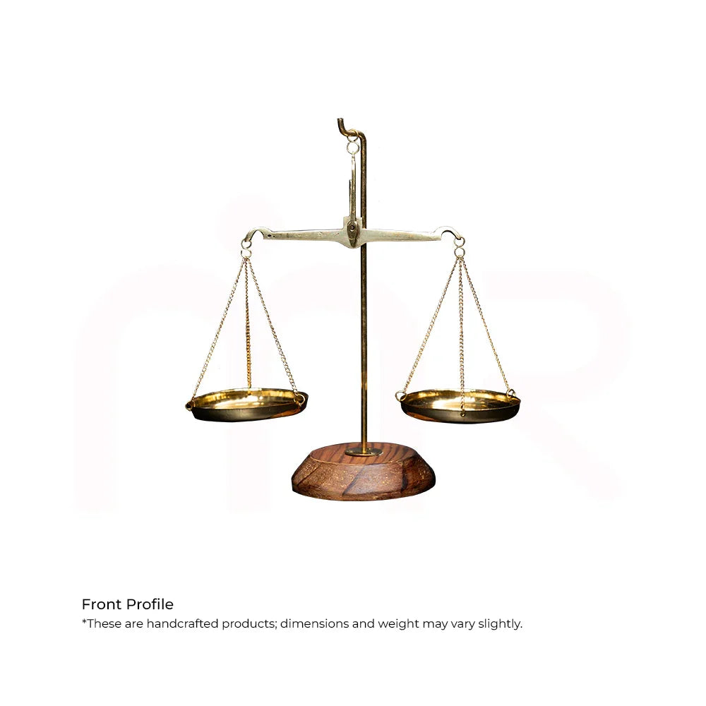Handcrafted brass balance scale with wooden base, MahaVastu remedy for balance and positivity