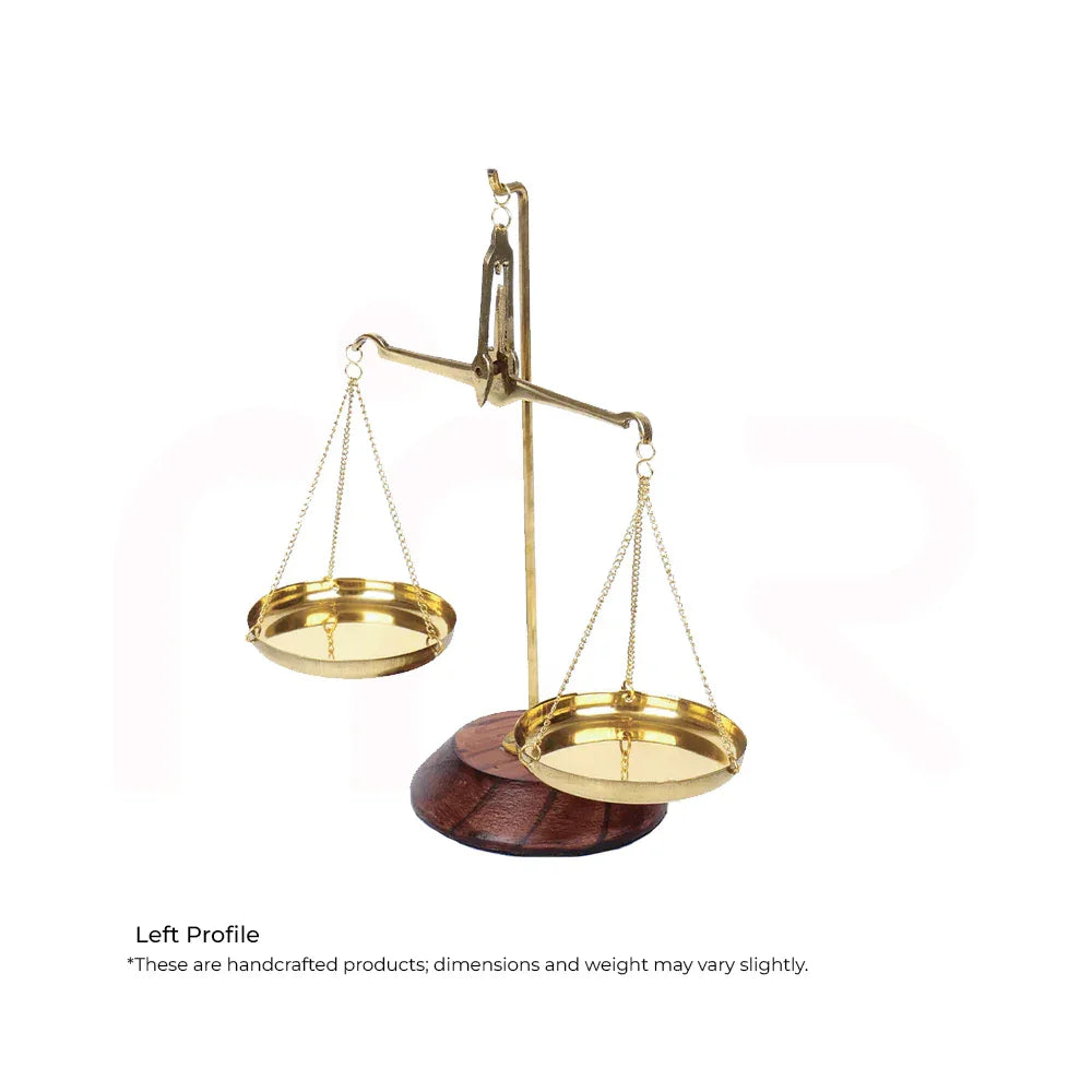 Handcrafted brass balance scale with wooden base, MahaVastu remedy for balance and prosperity