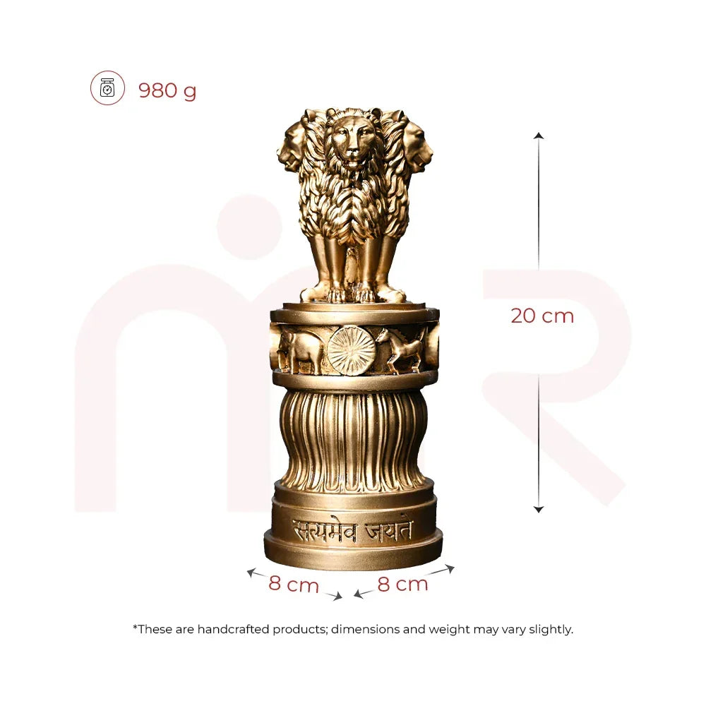 Brass Ashoka Stambh lion pillar Vastu remedy idol, 20 cm tall, 980 g, with detailed carvings