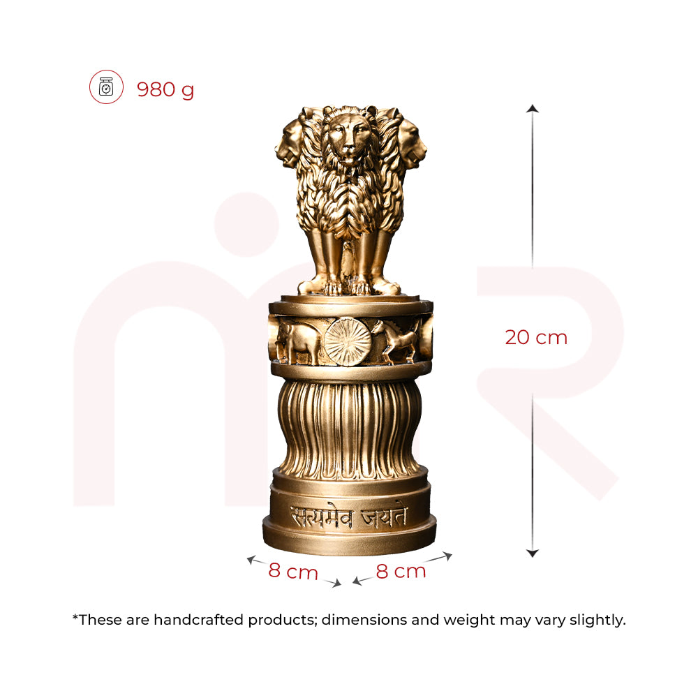 Brass Ashoka Stambh lion pillar Vastu remedy idol, 20 cm tall, 980 g, with detailed carvings