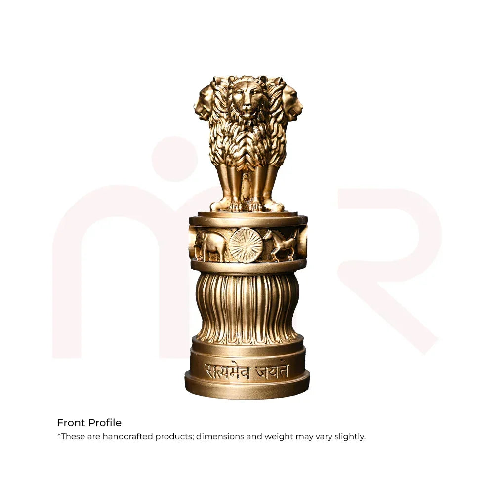 Brass Ashoka Stambh idol with lion capital, Vastu decorative remedy, white background