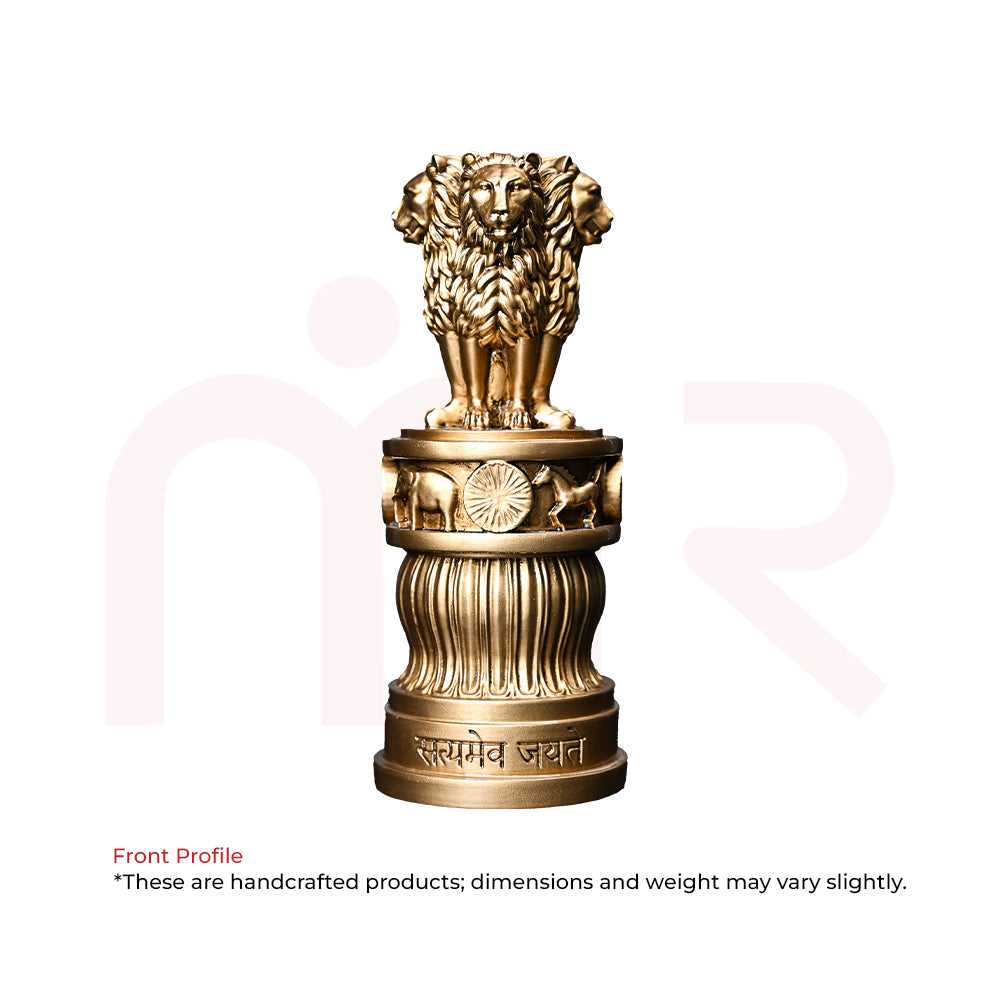 Brass Ashoka Stambh idol with lion capital, Vastu decorative remedy, white background
