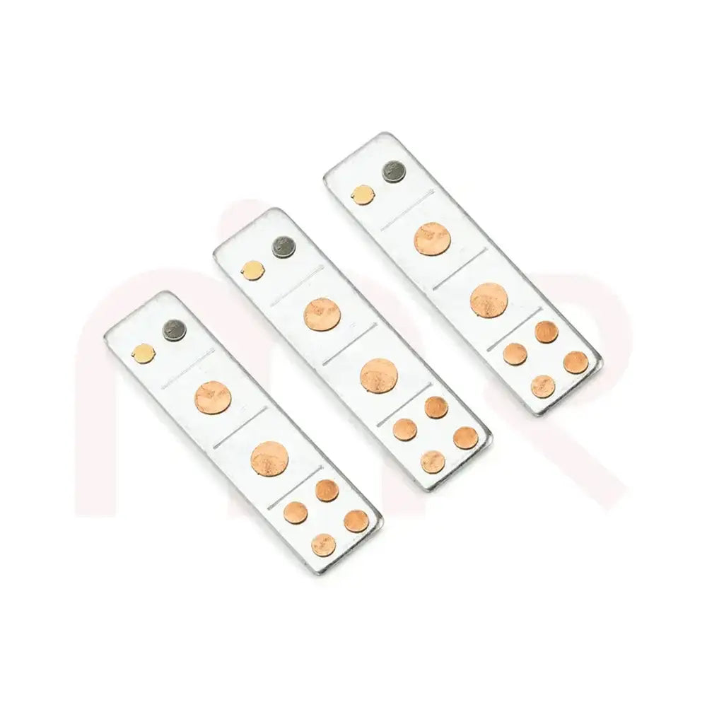 Three Vastu metal strips with copper and brass studs for space balancing and remedies.