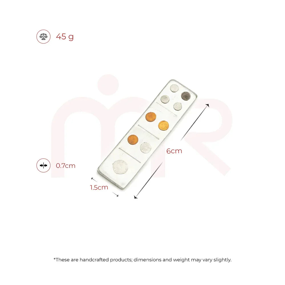 MahaVastu Bhudhar metal remedy plate with copper and silver discs, 6x1.5 cm, for Vastu balance