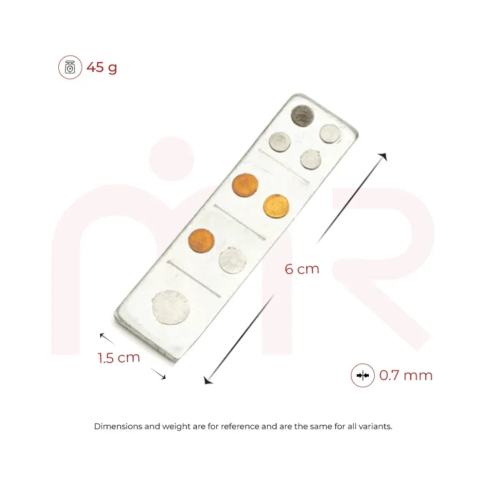 Rectangular Vastu remedy metal strip with copper and silver discs, size 6 cm x 1.5 cm x 0.7 mm, weight 45 g