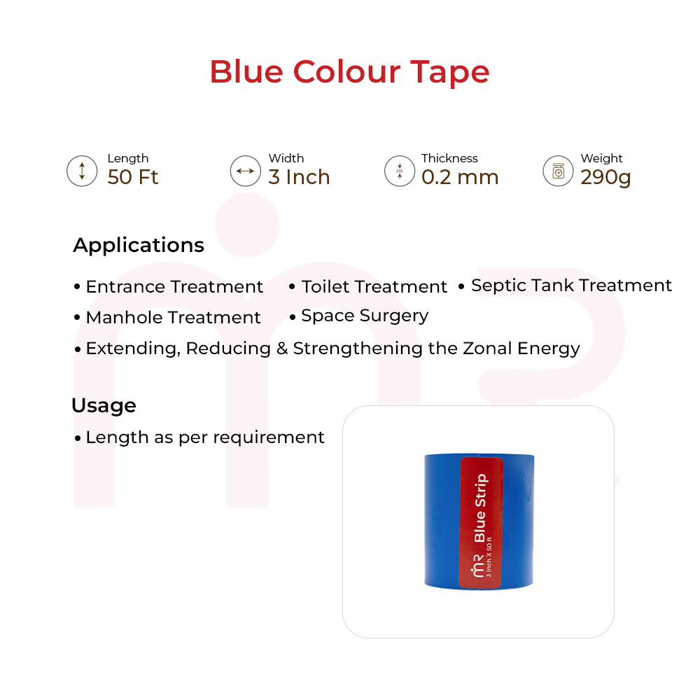 MahaVastu blue strip tape with product size, weight, and Vastu remedy applications displayed.