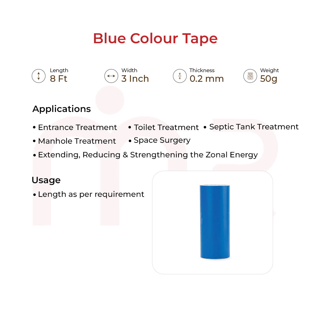Blue Vastu tape roll for MahaVastu remedies, shown with product details and usage applications.