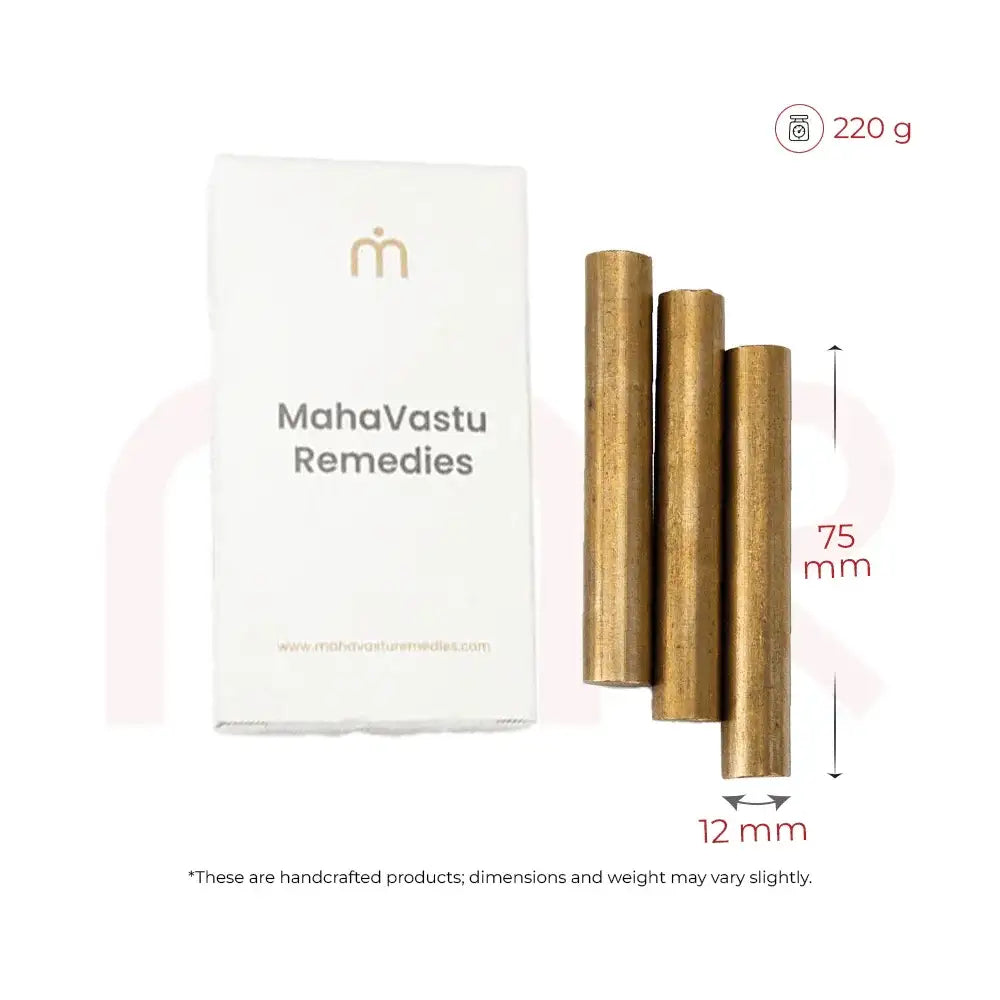 Handcrafted brass Vastu remedy rods, 75mm x 12mm, for positive energy and home balance