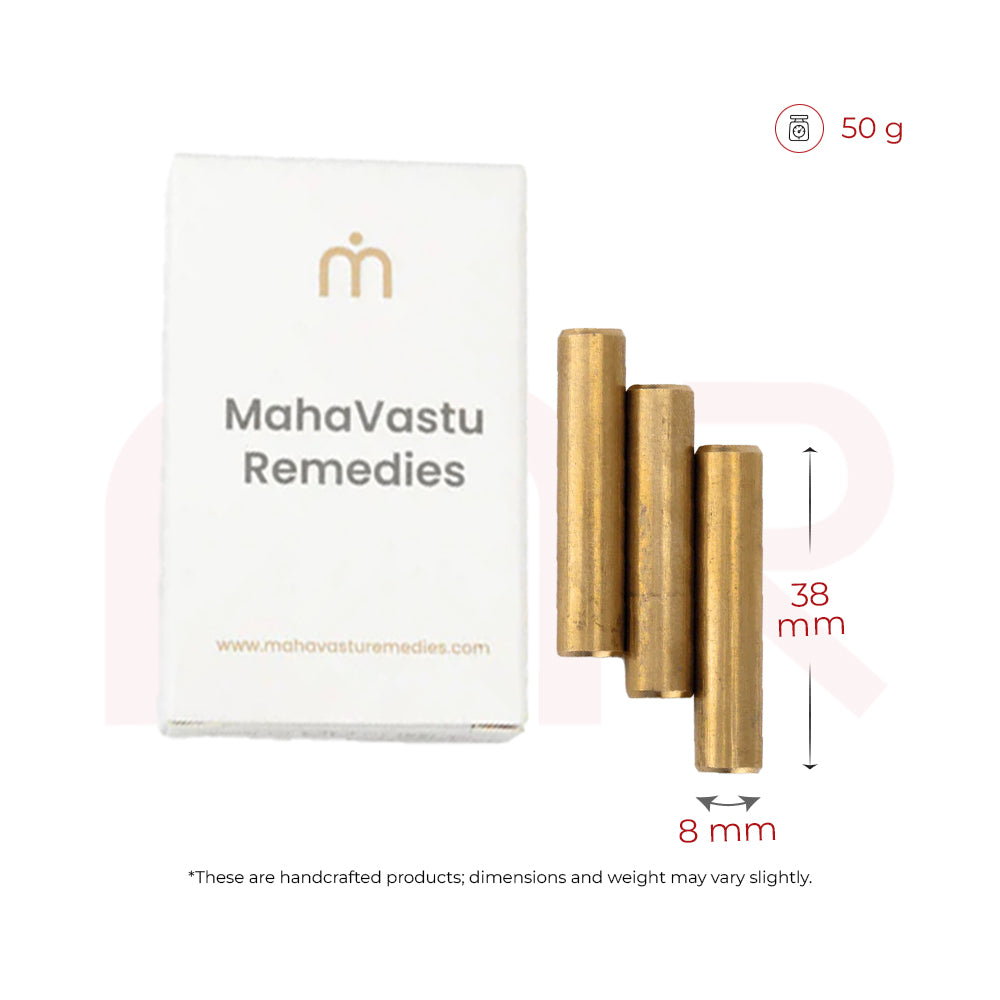 Brass vastu remedy rods with box, MahaVastu Remedies branding, 38mm x 8mm, 50g weight