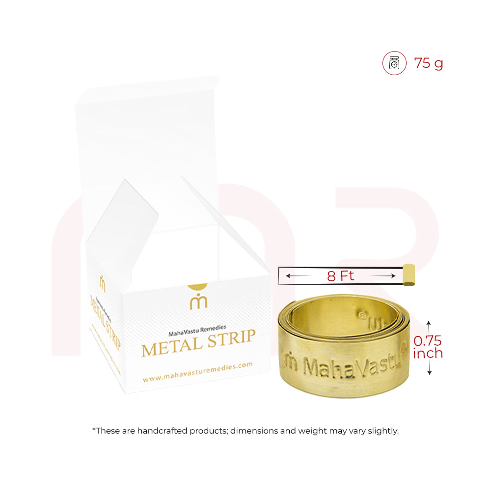 MahaVastu brass metal strip roll beside branded box, 8 ft length, vastu remedy product