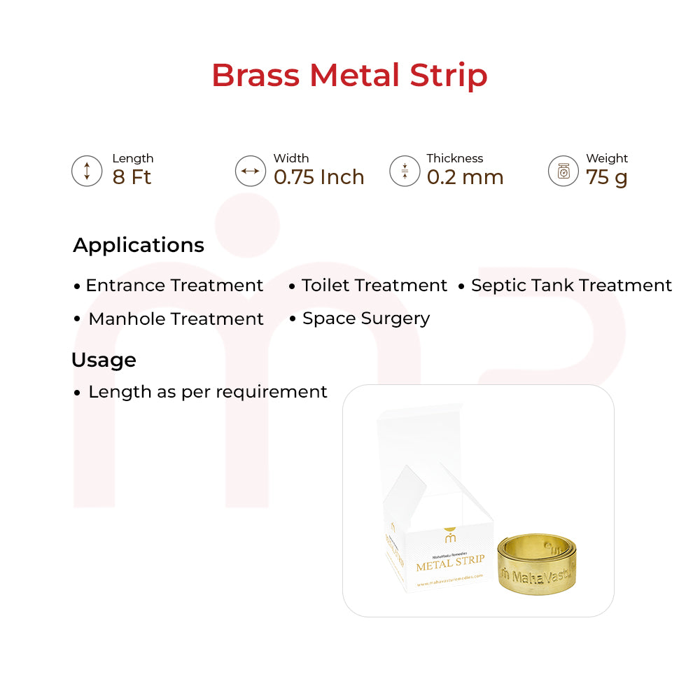 Brass MahaVastu metal strips for Vastu remedies, shown with usage details and applications.