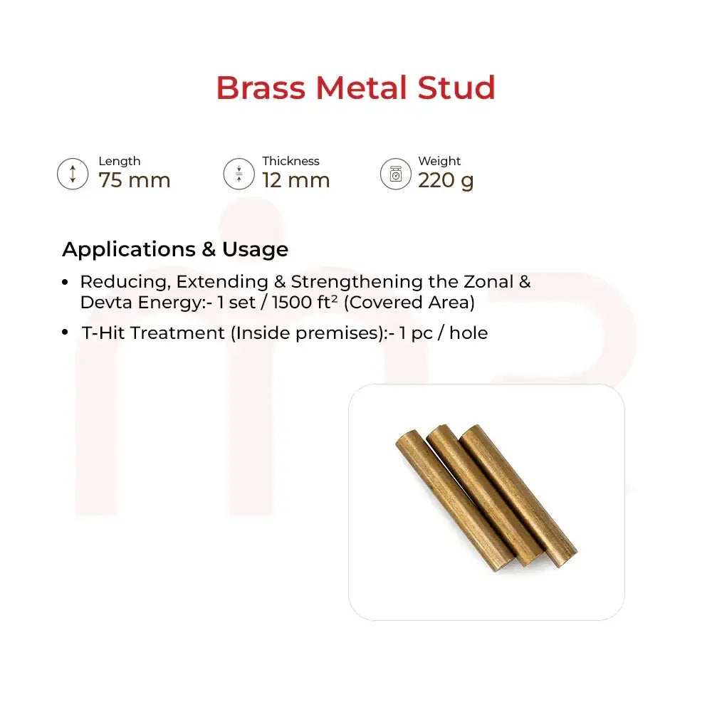 Brass metal studs for Vastu energy balancing, 75mm length, 12mm thickness, ideal for zonal and devta energy treatment