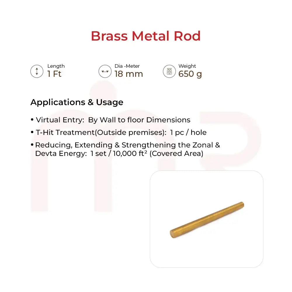 Brass metal rod for Vastu remedies, 1 ft length, 18 mm diameter, 650g weight, used for energy balancing and space correction