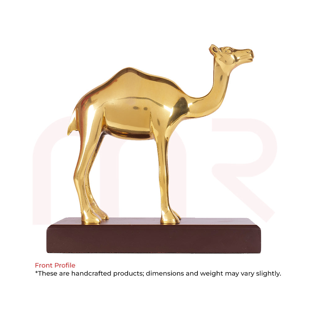 Gold camel figurine on wooden base, Vastu decorative remedy for prosperity and positivity