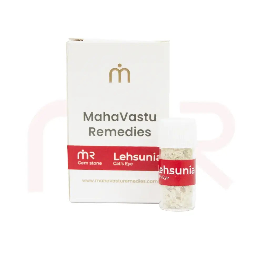 Lehsunia Cat's Eye gemstone remedy in a small glass bottle with packaging box.