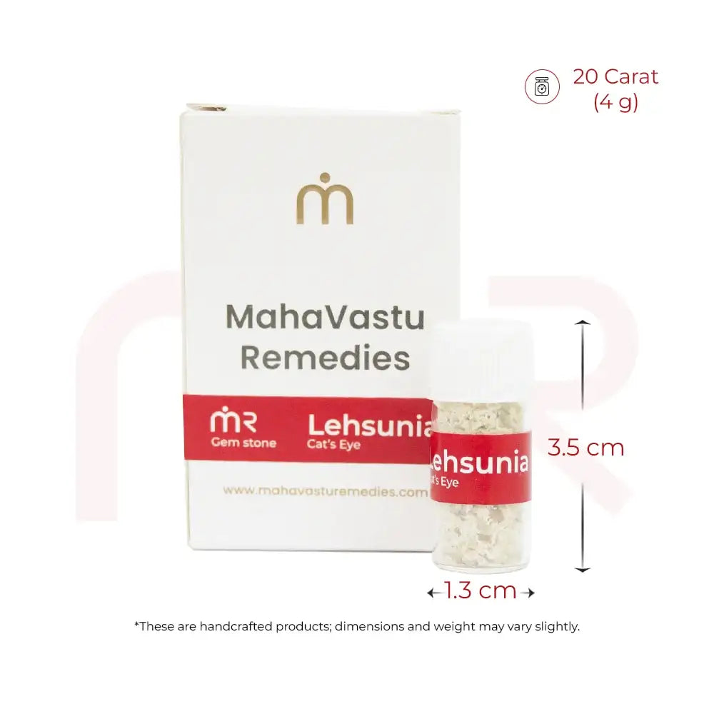 Lehsunia Cat's Eye gemstone in a small vial, 20 Carat (4g) Vastu remedy packaging.