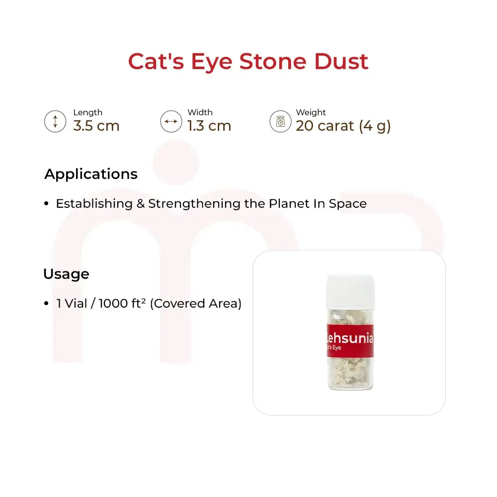 Cat's Eye Stone Dust vial with dimensions, weight, applications, and usage instructions.