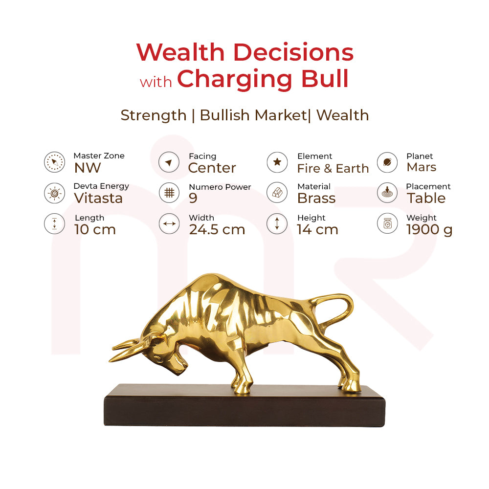 Brass charging bull figurine for Vastu, symbolizing wealth, strength and bullish market energy