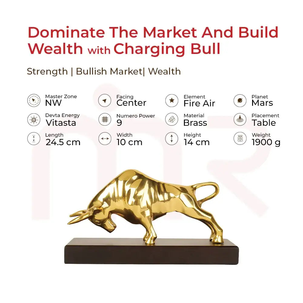 Golden charging bull statue for wealth & market dominance, brass Vastu remedy, NW placement, 24.5cm