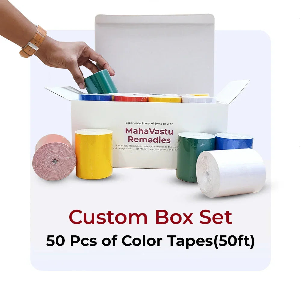 MahaVastu Remedies custom box set with 50 colorful Vastu remedy tapes, 50ft rolls.